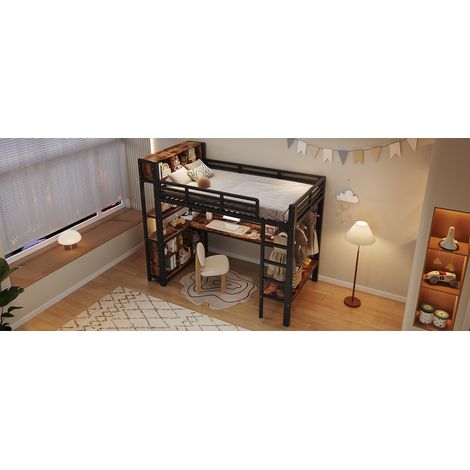 Lit mezzanine noir 90 x 200 cm en métal et MDF avec bureau, penderie, étagères et rangements pour chambre d enfant et adolescent (1/5)