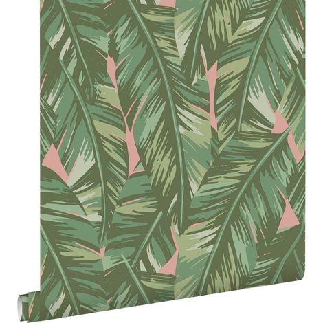papier peint feuilles de bananier vert olive grisé et rose pêche - ESTAhome (1/5)