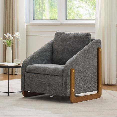 Fauteuil lounge gris en chenille avec accoudoirs en bois, 73,5 x 73,5 x 73,5 cm, charge 110 kg (1/5)