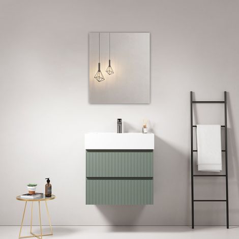 Mobile bagno sospeso cannettato 60 cm Verde Salvia Lavabo in Resina Specchio Quadro - Fiji Paint (1/4)