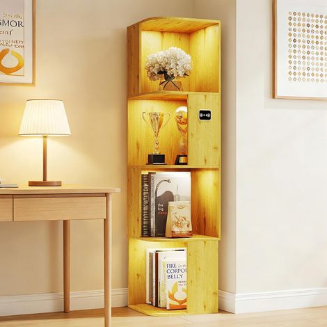 Eckvitrine mit 3-farbiger LED-Beleuchtung und Bewegungssensor, 4-stufiges Bücherregal Eiche (1/5)