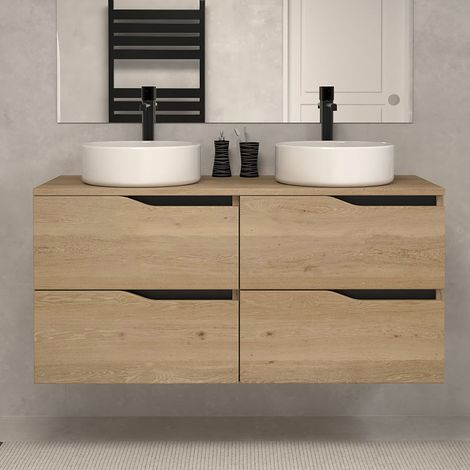 Meuble de salle de bain 120 avec plateau et 2 vasques à poser - sans miroir - 4 tiroirs - madera miel (bois clair) - LUNA (1/5)
