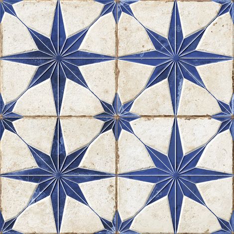 Carrelage Vintage effet Carreau ciment 3D Etoile Bleue et Fond Blanc 22,3x22,3x0,9 cm Sparta - Sol et mur intérieur (vendu par carton de 0,65 m²) - RO'MA CARRELAGE