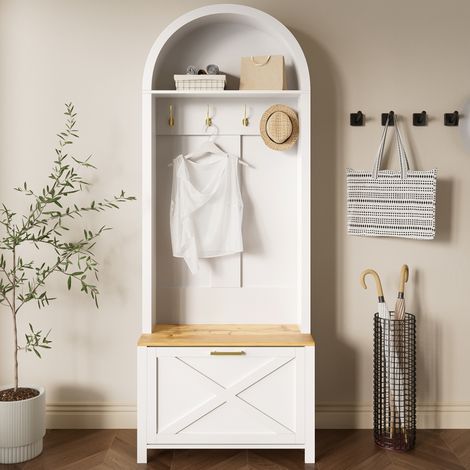 Vestiaire d'entrée 75x35x195 cm avec crochets, étagère et meuble à chaussures, bois et blanc (1/5)