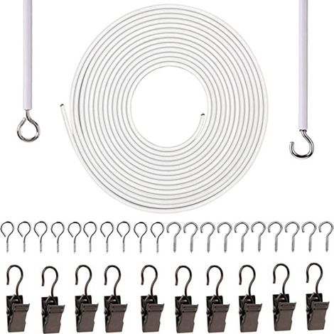 6 mètres de corde à ressort recouverte de PVC, 8 boucles à œil, 8 crochets en forme de point d'interrogation et 10 clips en acier. (1/5)