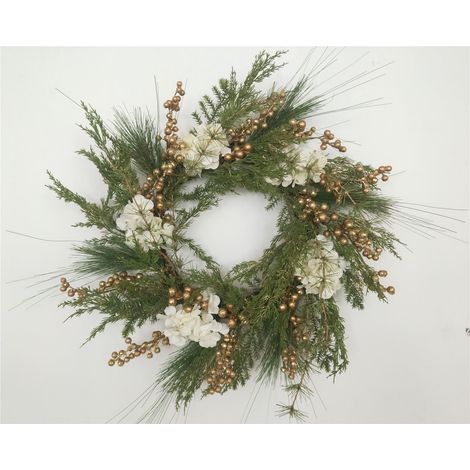 Natural Looking Wreath Decorated With Golden Berries, White Flowers & Leaves (1/3)