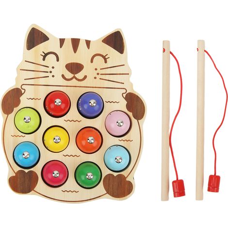 Jeu de pêche magnétique en bois, base chat, poissons délicats et vifs, surface lisse, jouet de pêche pour bébé (1/5)