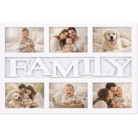 Cornice portafoto da parete bianca con scritta decorativa “Family”, per 6 fotografie formato 10×15 cm - Ideale per valorizzare i ricordi di famiglia e (1/5)