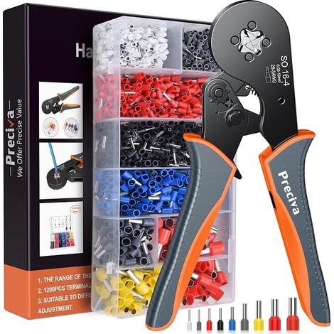 0.08-16mm² Pince a Sertir, avec Cosse Electrique 1200pcs, Orange, Gris, Noir AWG 28-5 Pince à Sertir, Cliquet Auto-Adjuvsable, Sertissage Précis (1/5)