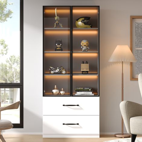 Vitrine lumineuse 60x40x160 cm - Meuble présentoir en verre trempé avec éclairage LED multicolore, bibliothèque polyvalente à tiroirs, cadre en aluminium, portes vitrées à fermeture amortie, armoire d (1/5)