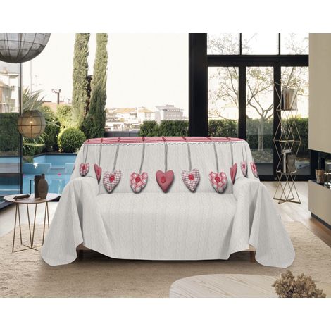 Telo Arredo Made in Italy in Cotone Grandfoulard Copritutto Copridivano Copriletto-Teli Sofà Arredatutto-Drappeggio-Arazzo-Copridivano Grand Foulard Letto Matrimoniale - Cuori Rosso