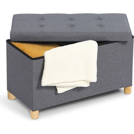 Idmarket – Banc d'entrée coffre rangement sur pieds 76 cm – Tissu lin gris anthracite – Dimensions 76x38x43 cm – Assise rembourrée confortable