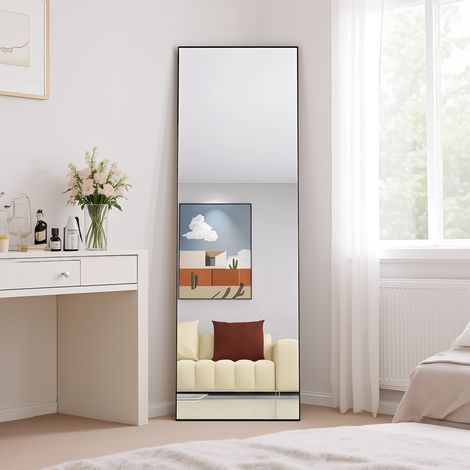 Ganzkörperspiegel Standspiegel 162 x 53 cm,  rechteckiger Schlafzimmerspiegel mit Rahmen and Aluminiumlegierung, Ankleidespiegel mit robustem Glas, für Schlafzimmer, Wohnzimmer und Garderobe, Schwarz (1/5)