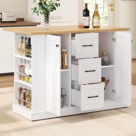 Isla de cocina móvil con encimera abatible 120 x 45/70 x 90 cm, MDF blanco, REDOM (1/5)