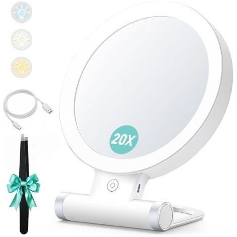 Miroir grossissant avec lumière, 20x/1x, Double Face, Miroir de Maquillage Portable, éclairage 3 Couleurs, écran Tactile à intensité Variable (1/5)