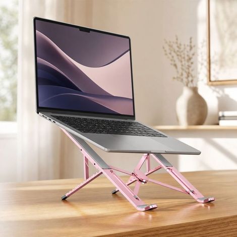 BelleRise - support ordinateur portable – aluminium cnc 4mm – réglable 7 niveaux 45-115mm – antidérapant silicone – pour pc 17,3 pouces – rose (1/5)