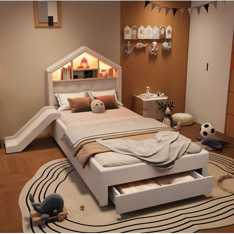 Cama infantil 90x200 cm beige tapizada en terciopelo con tobogán reversible, LED, puerto de carga, estantes y cajón inferior – CHICFURN para dormitorio juvenil (1/5)