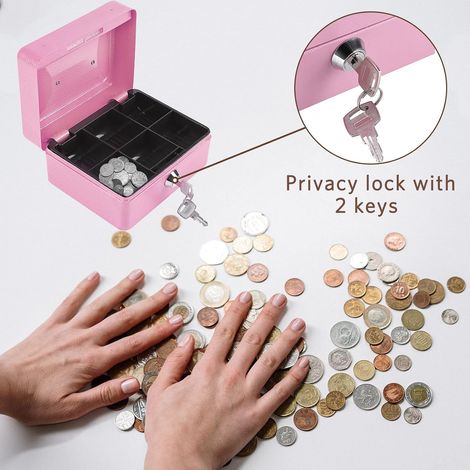 Mini money box with lock, money cassette with 2 keys, 12 x 15 x 7.5cm (pink) (1/4)