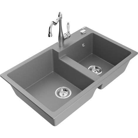 Mexen Tomas 2-Becken-Granitspüle mit Mischbatterie Carla, Grau - 6516-71-670700-00 (1/5)