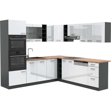 Cuisine en angle R-Line, Blanc brillant/Anthracite, 237 x 247 cm , PT Chêne, Vicco