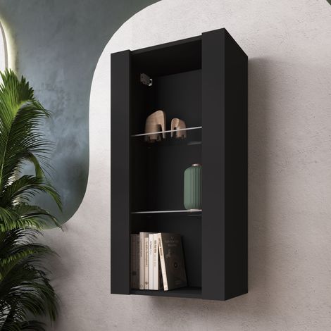 Komodee Vitrine Suspendue Tivoli Vertical 100, Noir/Noir, Sans LED Largeur 100cm x Hauteur 50cm x Profondeur 29,5cm, 2 étagères en verre, pour Salon, Chambre (1/5)