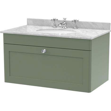Nuie Classique Satin Green 800mm Wall Hung Single Drawer Vanity Unit with Grey Marble Countertop and Round Basin with 3 Tap Holes - CLC896GR3 (1/2)