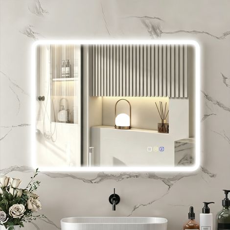 Miroir salle de bain LED bluetooth 70 x 90 cm interrupteur tactile lumière réglable 3 couleurs anti-buée mémoire argent (1/5)