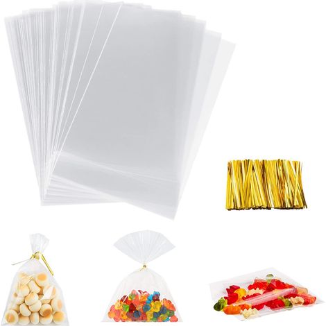 Lot de 100 sachets en cellophane avec ruban doré - 20 x 30 cm - Pour chocolat, bonbons, pain, bonbons (1/5)