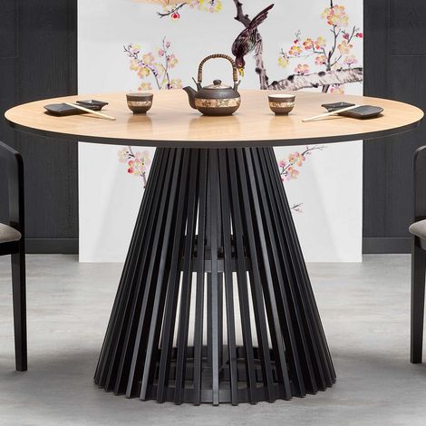 Table de salle à manger contemporaine ronde avec plateau aspect chêne naturel et pied central noir OCTANT (1/5)