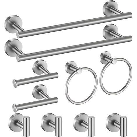 Set di accessori da bagno da 10 pezzi, 2 portasciugamani, 2 porta carta igienica, 2 anelli per asciugamani, 4 ganci per accappatoio, acciaio inossidabile, montaggio a vite (finitura in acciaio inossid
