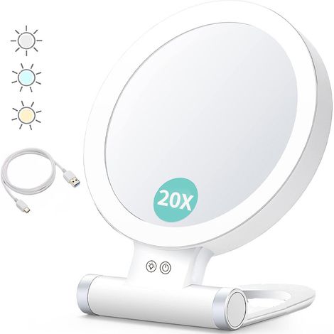 LaBlanc - Specchio ingranditore con luce, 20x/1x, bifacciale, specchio per il trucco portatile, illuminazione a 3 colori, touch screen dimmerabile