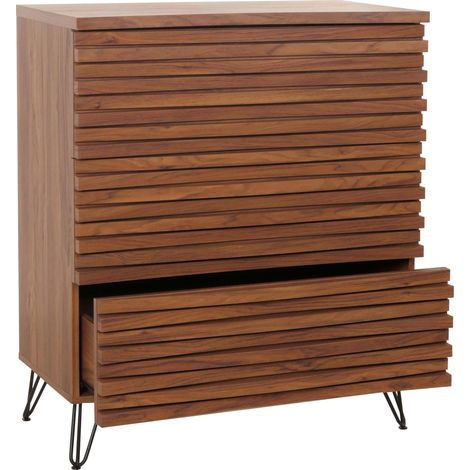 Cassettiera HHG-449, credenza alta mobile, design 3D 3 cassetti legno massiccio mango metallo 94x80x45cm, color noce