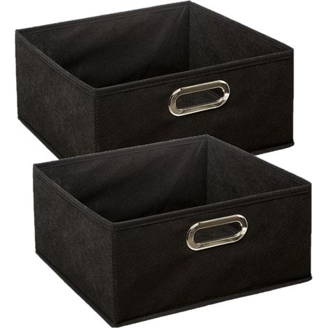 Lot de 2 boîtes de rangement en tissu noir – Structure en carton – Dimensions 31x31x15 cm – Poignée en métal ovale – Non-tissé 100 g – Toilinux