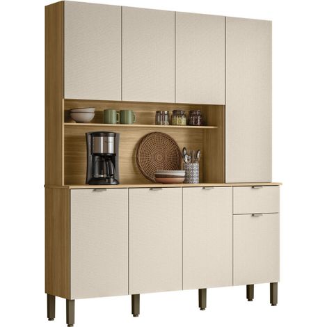 Buffet 8 Portes 1 Tiroir 18 Niches Chêne et Blanc Ecru Gaufré L 161 H 200 P 38.8 cm