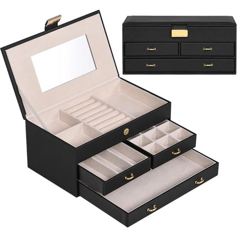 Coffret à bijoux à 2 tiroirs, fermeture en velours, miroir, bagues, boucles d'oreilles, colliers (1/5)