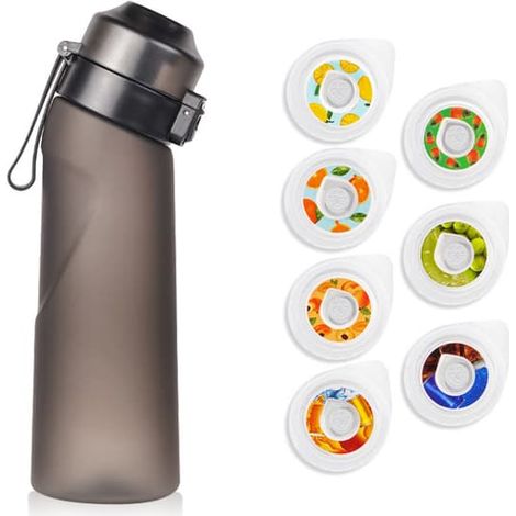 Gourde aromatisée avec 7 capsules parfumées, gourde Air Water Up, noir givré, 650 ml, kit de démarrage Air, gobelet isotherme pour le camping et le sport, noir. (1/3)