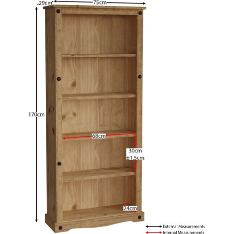 Home Discount – Bibliothèque en pin massif 5 niveaux – Finition cirée vieillie – Dimensions H 170 x L 75 x P 29 cm – Limite de poids 10 kg par étagère — vue 3