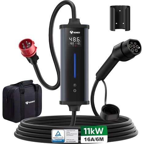 Electric Car Charger 11kW Three Phase 6A-16A, 6m Type 2 CEE Cable, Leak Detection AC 30mA+DC 6mA, Temperature Monitoring, Programming (1/5)