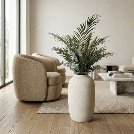 Beton Pflanzkübel rund 30 x 51 cm Weiß, handgefertigter Blumentopf für Innen und Außen, rustikaler Pflanzenkübel für Garten Terrasse Wohnzimmer