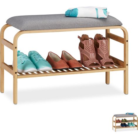 Relaxdays Schuhbank, 3 Paar Schuhe, gepolsterte Sitzfläche, Flur und Garderobe, Schuhaufbewahrung HBT 46x69x30 cm, natur
