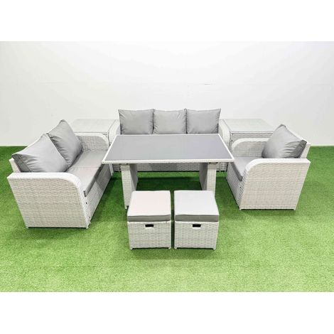 Fimous Rattan Outdoor Table Reclining Chair Sofa Set with 2 Side Tables 2 Small Stools Light Grey 8 Seater (1/4)