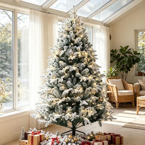 Sapin Noël artificiel 180 cm LED, 793 branches enneigées très réaliste, support acier pliable, hauteur 180 cm, coloris vert (1/5)