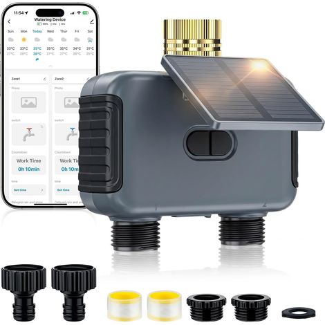 Programmateur d’Arrosage Automatique WiFi à 2 Sorties pour Jardin et Pelouse, avec Panneau Solaire Rechargeable, Conception Étanche IP55, Compatible Application Smart Life et Assistants Vocaux (1/5)
