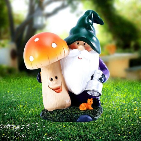 Statue de nain de jardin, nain de jardin d'extérieur tenant un champignon, sculpture décorative avec lumière solaire intégrée pour patio, pelouse et jardin. (1/4)