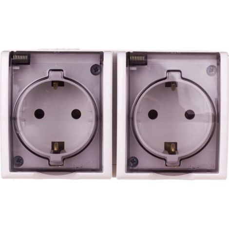 Enchufe doble herm茅tico Simon Aquarius con Schuko IP54 con tapa ahumada, color blanco AQGSz1-2/11a