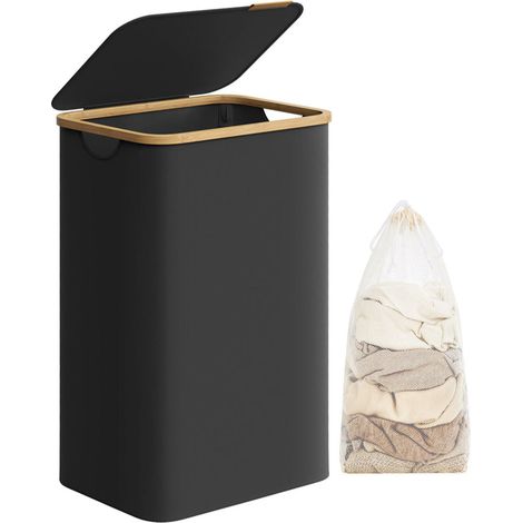 Cesto portabiancheria sottile con coperchio 65 litri salvaspazio fodera in rete rimovibile tessuto Oxford manici in bambù pieghevole nero 120006719