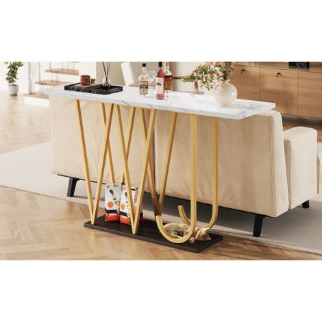Console (1 pièce) 120 x 29,5 x 80 cm — convient comme table de salle à manger, table de cuisine, table de balcon ou table en bois  dotée d'un plateau finition imitation marbre. (1/5)