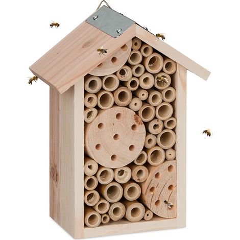 Relaxdays Bienenhotel, Holz, Insektenhotel Wildbienen, Garten & Balkon, zum Aufhängen, HxBxT: 21 x 15,5 x 9 cm, natur