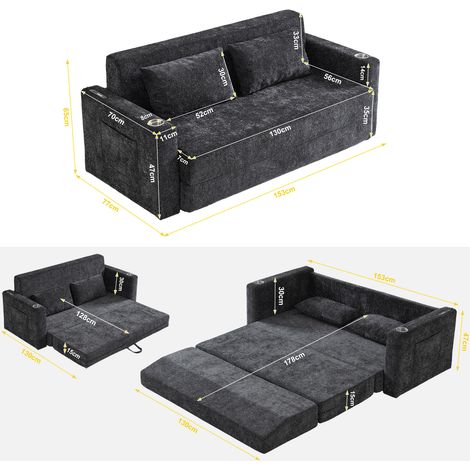 2-Sitzer-Schlafsofa, klappbar, Chenille Schwarz und Grau mit USB, 2 Kissen OKMYHOME (1/5)