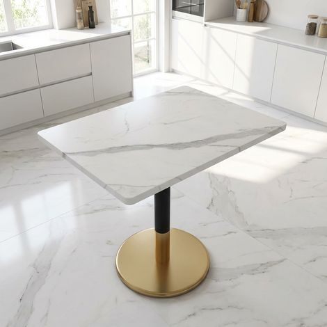 Mesa de comedor 80/60 cm blanca y negra con base dorada y tablero efecto mármol (1/5)